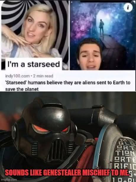 I'm a starseed indy100.com 2 min read 'Starseed' humans believe they are aliens sent to Earth to save the planet GLO PRT TION ORTE RIFIC SOUNDS LIKE GENESTEALER MISCHIEF TO MES+ Imgflip.com
