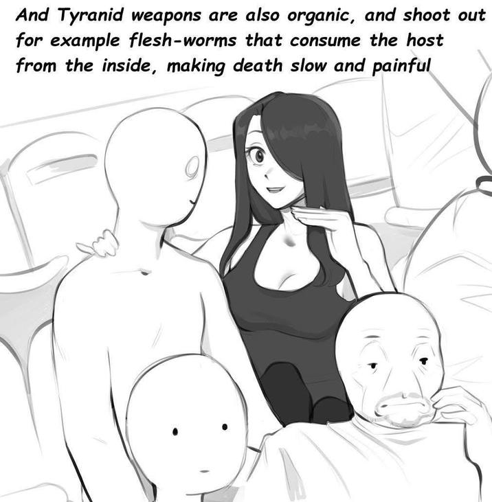And Tyranid weapons are also organic, and shoot out for example flesh-worms that consume the host from the inside, making death slow and painful