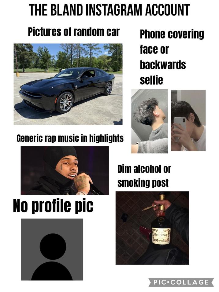 THE BLAND INSTAGRAM ACCOUNT Pictures of random car Phone covering face or backwards selfie Generic rap music in highlights No profile pic Dim alcohol or smoking post Hennessy PIC COLLAGE