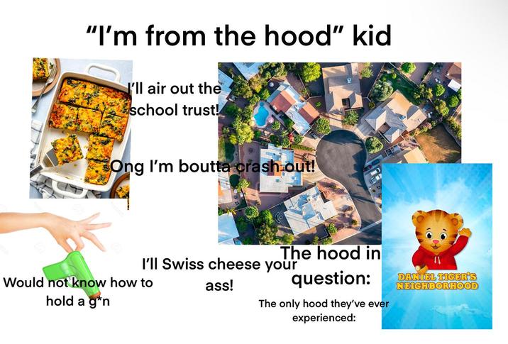 "I'm from the hood" kid I'll air out the school trust! Ong I'm boutta crash out! The hood in I'll Swiss cheese your Would not know how to hold a g*n ass! question: The only hood they've ever experienced: DANIEL TIGER'S NEIGHBORHOOD