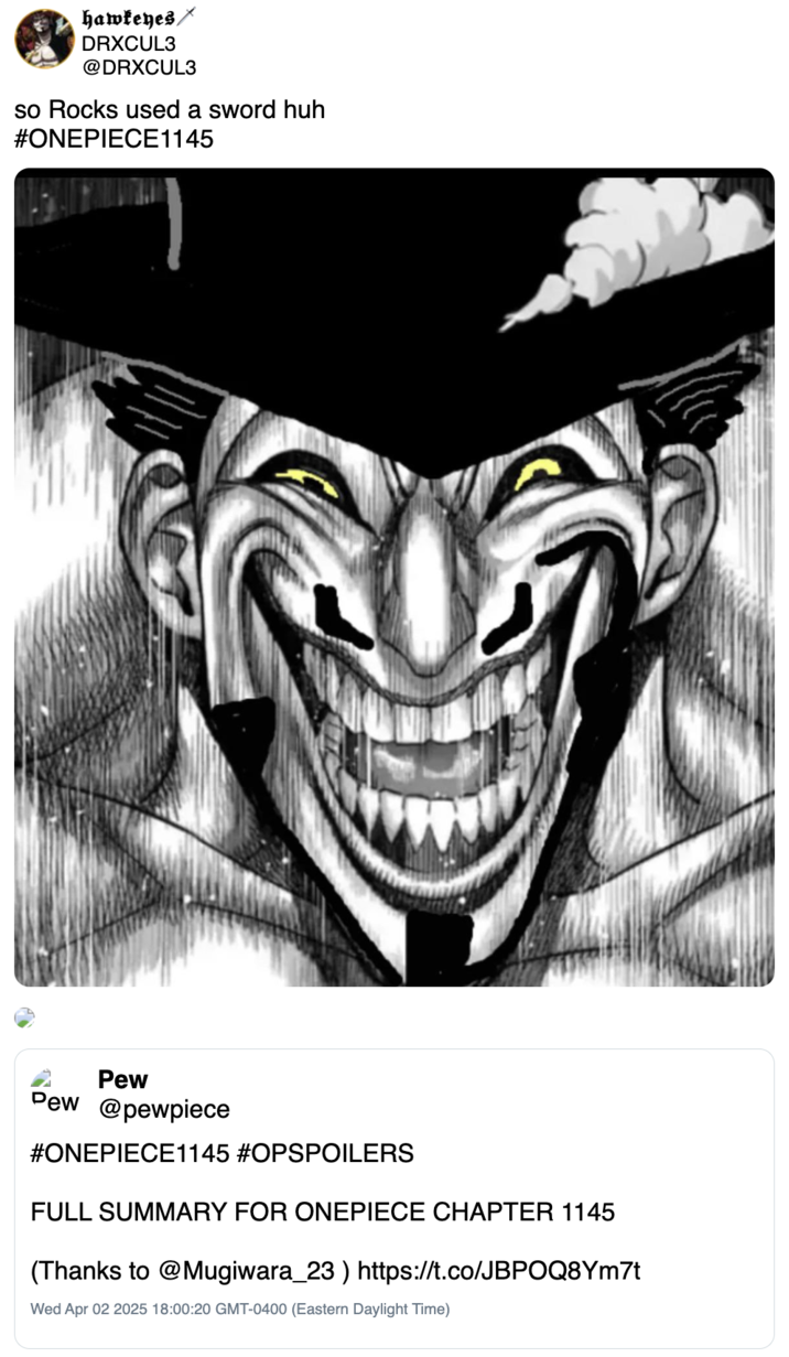 so Rocks used a sword huh A "quote-tweet":https://knowyourmeme.com/memes/quote-retweets-qrts using the Mihawk Upscale "meme":https://knowyourmeme.com/memes/memes to joke about the character Rocks using a sword.