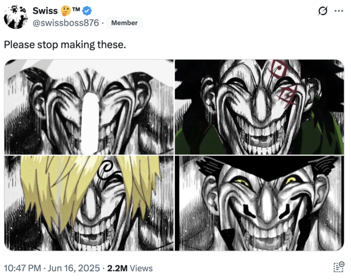 Please stop making these. A "tweet":https://knowyourmeme.com/memes/sites/twitter-x compiling multiple Mihawk Upscale "memes":https://knowyourmeme.com/memes/memes, showing different characters from _One Piece_":https://knowyourmeme.com/memes/subcultures/one-piece drawn over Kure Raian smiling in the "manga":https://knowyourmeme.com/memes/cultures/anime-manga _Kengan Ashura_.