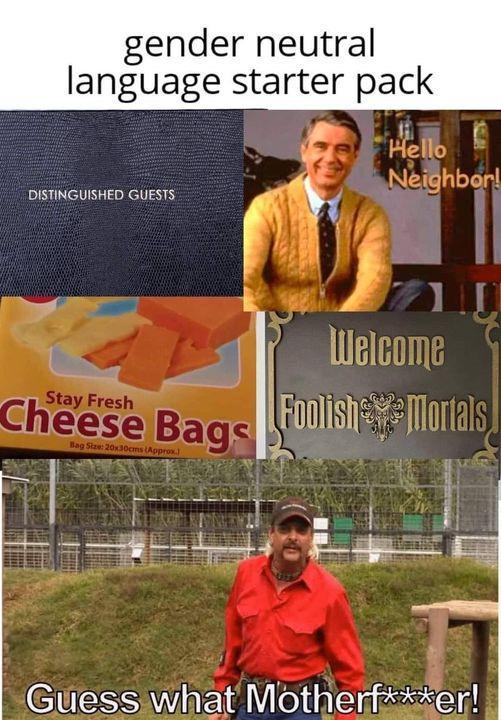 gender neutral language starter pack DISTINGUISHED GUESTS Hello Neighbor! Stay Fresh Cheese Bags Bag Size: 20x30cms (Approx.) Welcome Foolish Mortals Guess what Motherf***er!