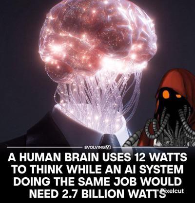EVOLVING A A HUMAN BRAIN USES 12 WATTS TO THINK WHILE AN AI SYSTEM DOING THE SAME JOB WOULD NEED 2.7 BILLION WATTSixelcut