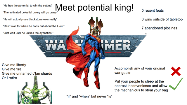 "He has the potential to win the sting" Meet potential king! O recent feats "The activated celestial orrery will go crazy" "He will actually use blackstone eventually "Can't wait for when he finds out about the Lion" "Just wait until he unifies the dynasties" WA MER O wins outside of tabletop 7 abandoned plotlines Give me liberty Give me fire Give me unnamed c'tan shards Or i retire "if" and "when" but never "is" Accomplish any of your original war goals Put your people to sleep at the nearest inconvenience and allow the mechanicus to steal your bag