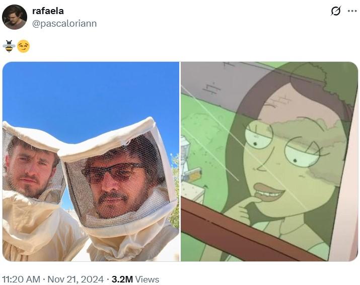Pedro Pascal Is Beekeeping Age A tweet sharing a photo of pedro pascal as a beekeeper.