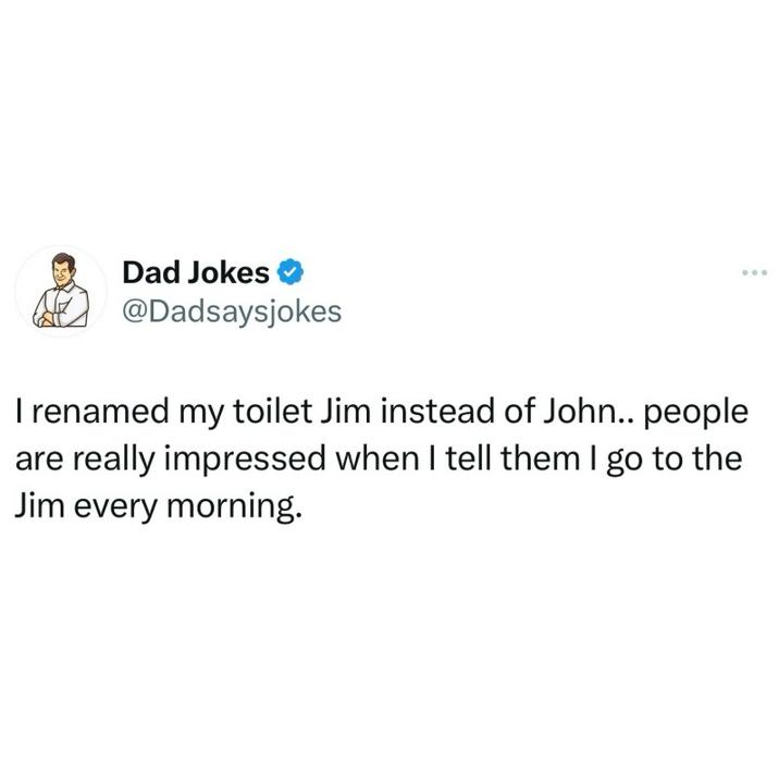 Dad Jokes @Dadsaysjokes I renamed my toilet Jim instead of John.. people are really impressed when I tell them I go to the Jim every morning.