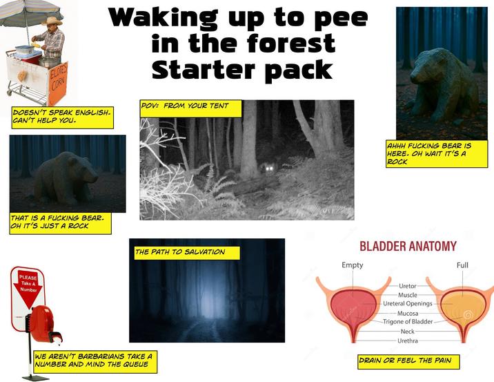 ELOTES CORN DOESN'T SPEAK ENGLISH- CAN'T HELP YOU. THAT IS A F------ BEAR. OH IT'S JUST A ROCK PLEASE Take A Number Waking up to pee in the forest Starter pack POV: FROM YOUR TENT AHHH F------ BEAR IS HERE. OH WAIT IT'S A ROCK BLADDER ANATOMY THE PATH TO SALVATION Empty WE AREN'T BARBARIANS TAKE A NUMBER AND MIND THE QUEUE com/time Uretor- Muscle Ureteral Openings Mucosa Trigone of Bladder Neck Urethra DRAIN OR FEEL THE PAIN Full