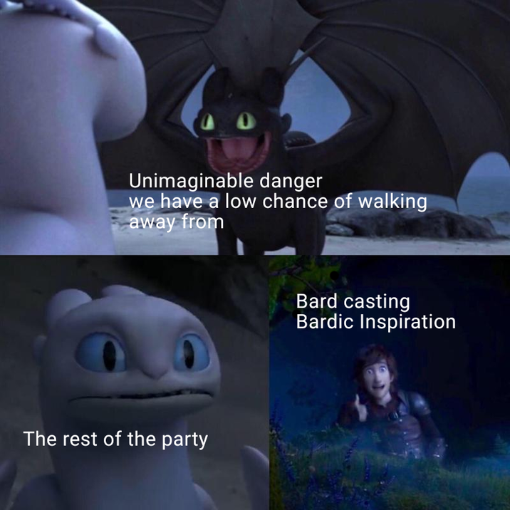 0 Unimaginable danger we have a low chance of walking away from The rest of the party Bard casting Bardic Inspiration