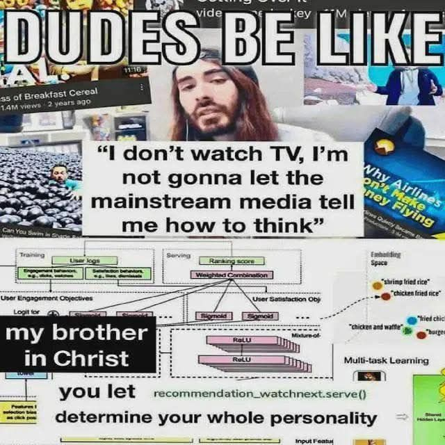 vide ey DUDES BE LIKE AL ss of Breakfast Cereal 1.4M views 2 years ago 11:1 Why Airlines on't Make ney Flying "I don't watch TV, I'm not gonna let the mainstream media tell me how to think" es Quietty Became Can You Swim in Shape Training User logs User Engagement Objectives Logit for my brother in Christ Ranking score Weighted Combination Emboliding Space "shrimp fried rice chicken fried rice "fried chick "chicken and waffle" Mixture-of- User Satisfaction Obj Biomold Sigmoid ROLU ReLU Multi-task Learning burgen you let recommendation_watchnext.serve() determine your whole personality Input Featu