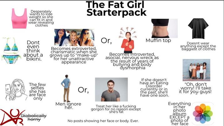 Desperately wants to lose weight so she can fit in and wear revealing clothes The Fat Girl Starterpack Dont even think about a bikini. The few selfies she has are face only Diabolically horny Becomes extroverted, charismatic when she grows up to "make-up" for her unattractive' appearance Or, Men ignore her. Or, Muffin top Becomes introverted, asocial, nervous wreck as the result of years of bullying and body dysmorphia Treat her like a f------ gorgon for no reason except she's fat No posts showing her face or body. Ever. If she doesn't have an Eating Disorder currently or in the past, she'll have one soon. Doesnt wear anything except the baggiešt of clothes "Oh, don't worry! I'll take it for you guys! Everything in her photo album EXCEPT a photo of 'her face
