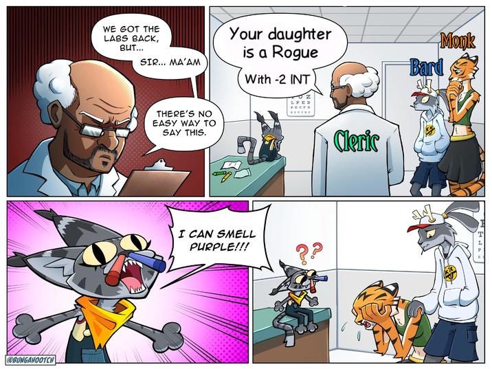 WE GOT THE LABS BACK, BUT... SIR... MA'AM Your daughter is a Rogue With -2 INT Monk Bard @BUNGAHOOTCH THERE'S NO EASY WAY TO SAY THIS. LPED PECF D EDFCZ P Cleric I CAN SMELL PURPLE!!! ?? НИНА