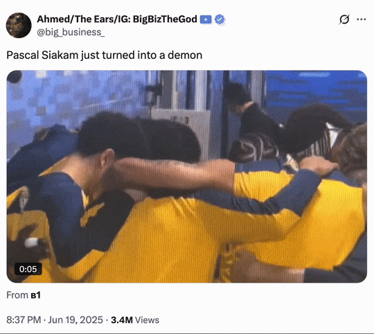 X user @big_business_ joked about a clip where Indiana Pacers power forward Pascal Siakam could be seen raising his head out of a group huddle and rolling his eyes back into his head, as though he were "possessed." The tweet read, "Pascal Siakam just turned into a demon," gathering over 8,000 likes in a day.