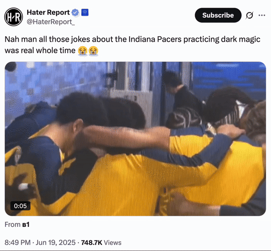 X account @HaterReport_ tweeted a video of Pascal Siakam rolling his eyes back into his head, writing, "Nah man all those jokes about the Indiana Pacers practicing dark magic was real whole time 😭😭," and gathering over 17,000 likes in a day.