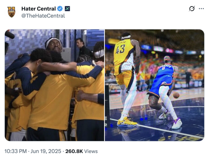 X user @TheHateCentral posted an image of Pascal Siakam with his eyes rolled back into his head, and an image of Siakam looming over OKC player Jalen Williams, showing Williams bent over backward. 