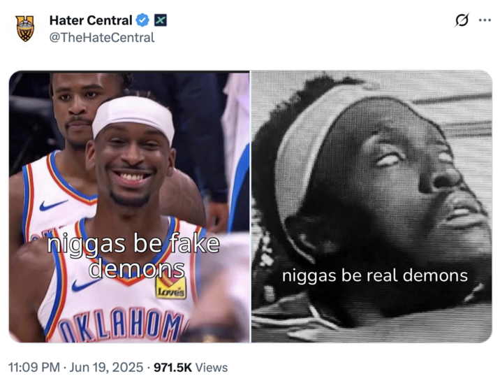 X account @TheHateCentral tweeted an image of "Shai Gilgeous Alexander":https://knowyourmeme.com/memes/shai-gilgeous-alexanders-aura and Pascal Siakam, calling Shai a "fake demon" and Pascal a "real demon."