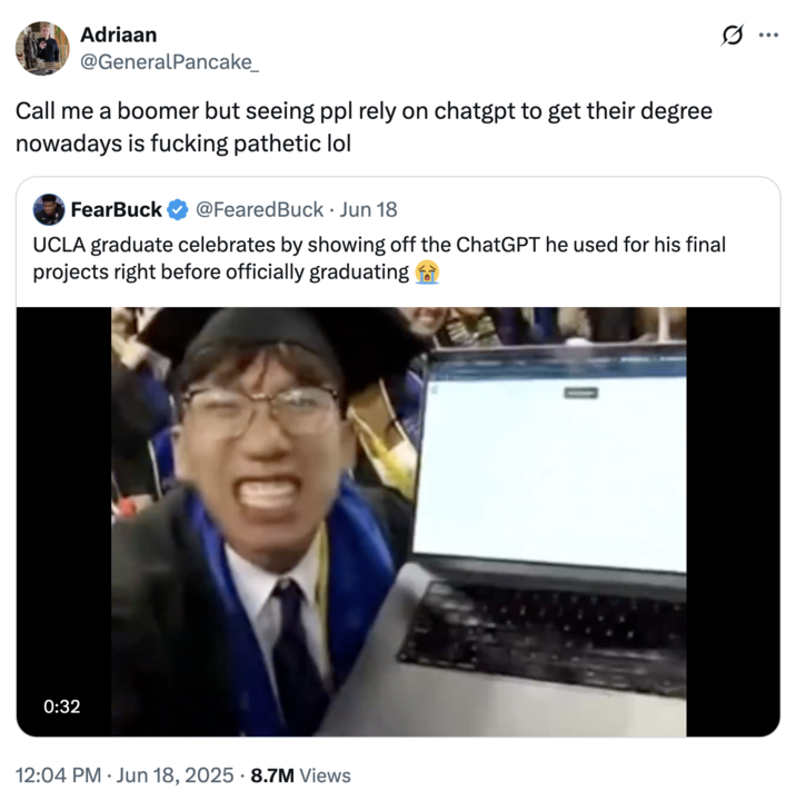 A "quote-tweet":https://knowyourmeme.com/memes/quote-retweets-qrts of the "viral video":https://knowyourmeme.com/memes/viral-videos showing a UCLA Graduate with "ChatGPT":https://knowyourmeme.com/memes/sites/chatgpt on his computer at a 2025 college graduation.