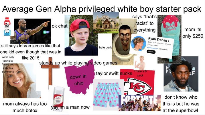 Average Gen Alpha privileged white boy starter pack PRIME ok chat i hate gurls still says lebron james like that one kid even though that was in we're only going to like 2015 stands up while playing video games france and italy this summer :( says "that's racist" to everything down in ohio taylor swift sucks i have a 6 pack Absolutely Ridiculous Ryan Trahan⚫ @ryan 20.4M subscribers-427 videos just a guy...more joyridesweets.com and 1 more link Subscribe M FI mom its only $250 F F Old Spice mom always has too much botox yay im a man now FORTNITE don't know who this is but he was at the superbowl