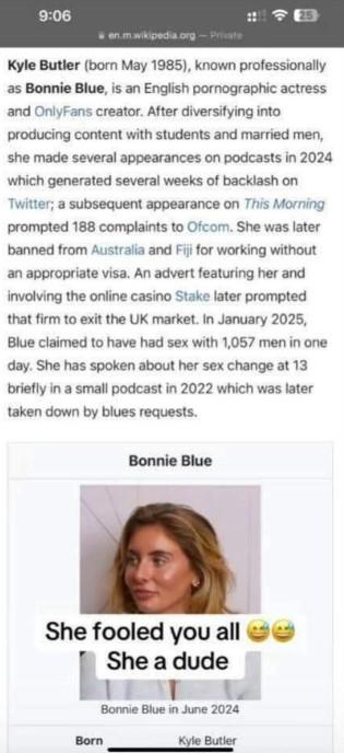 Bonnie Blue Kyle Butler Wikipedia Page A screenshot of an alleged, non-existent Wikipedia page for "Kyle Butler." The page claims that Bonnie Blue is trans and used to be named Kyle Butler and was transitioned at age 13. There is no evidence to suggest any of this is true, or that this Wikipedia page ever existed.