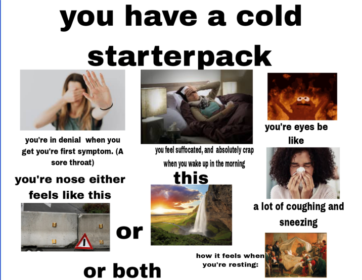 you have a cold starterpack you're in denial when you get you're first symptom. (A sore throat) you're nose either feels like this you feel suffocated, and absolutely crap when you wake up in the morning this you're eyes be like a lot of coughing and sneezing or or both how it feels when you're resting: