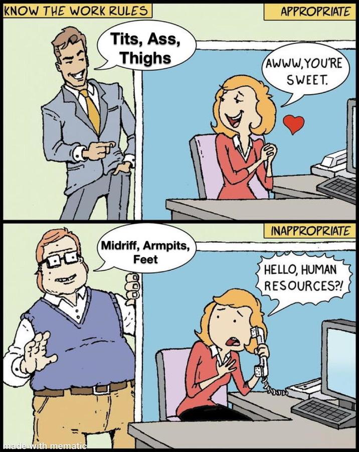 KNOW THE WORK RULES APPROPRIATE T---, Ass, Thighs AWWW.YOU'RE SWEET. made with mematic Midriff, Armpits, Feet INAPPROPRIATE HELLO, HUMAN RESOURCES?!