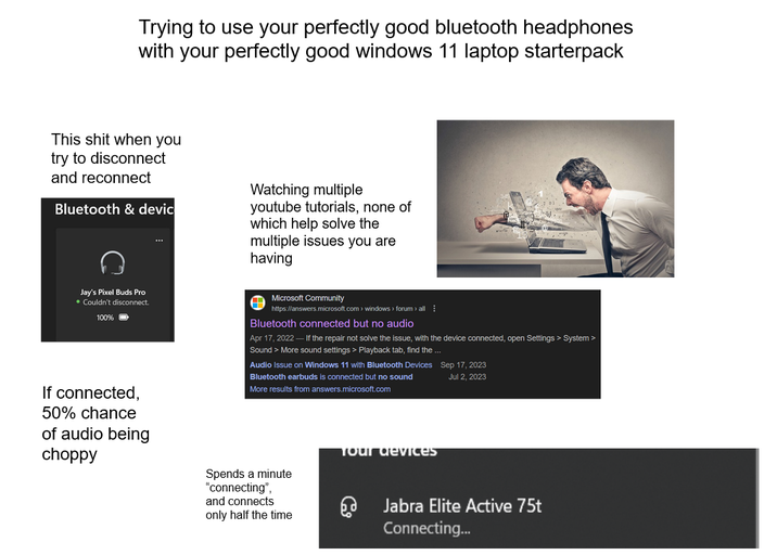 Trying to use your perfectly good bluetooth headphones with your perfectly good windows 11 laptop starterpack This s--- when you try to disconnect and reconnect Bluetooth & devic Watching multiple youtube tutorials, none of which help solve the multiple issues you are having Jay's Pixel Buds Pro • Couldn't disconnect. 100% Microsoft Community https://answers.microsoft.com> windows > forum > all Bluetooth connected but no audio Apr 17, 2022 - If the repair not solve the issue, with the device connected, open Settings > System > Sound > More sound settings > Playback tab, find the ... Audio Issue on Windows 11 with Bluetooth Devices Bluetooth earbuds is connected but no sound More results from answers.microsoft.com Sep 17, 2023 Jul 2, 2023 If connected, 50% chance of audio being choppy Spends a minute "connecting", and connects only half the time Your devices Jabra Elite Active 75t Connecting...