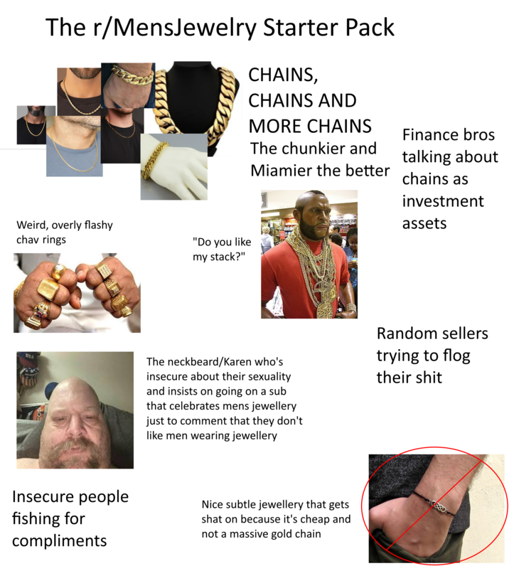 The r/MensJewelry Starter Pack CHAINS, CHAINS AND MORE CHAINS The chunkier and Miamier the better Finance bros talking about chains as investment assets Weird, overly flashy chav rings "Do you like my stack?" FARI USA The neckbeard/Karen who's insecure about their sexuality and insists on going on a sub that celebrates mens jewellery just to comment that they don't like men wearing jewellery Random sellers trying to flog their s--- Insecure people fishing for compliments Nice subtle jewellery that gets shat on because it's cheap and not a massive gold chain