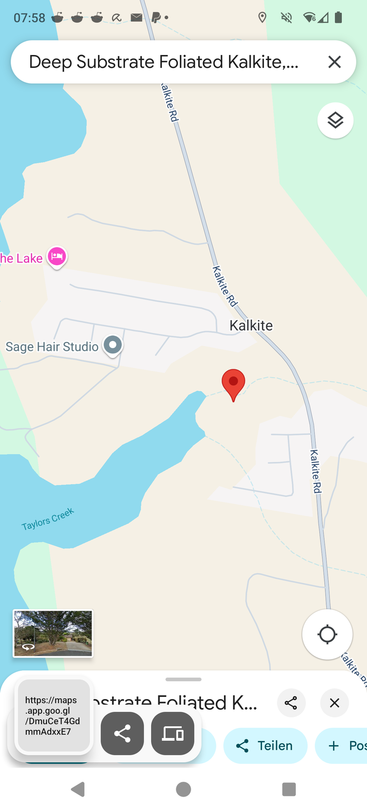 07:58 04 6 Deep Substrate Foliated Kalkite,... ☑ he Lake P alkite Rd Kalkite Rd Sage Hair Studio Taylors Creek Kalkite Kalkite Rd go Kalkite D ☑ CO < Teilen + Pos https://maps nstrate Foliated K... .app.goo.gl /DmuCeT4Gd mmAdxxE7