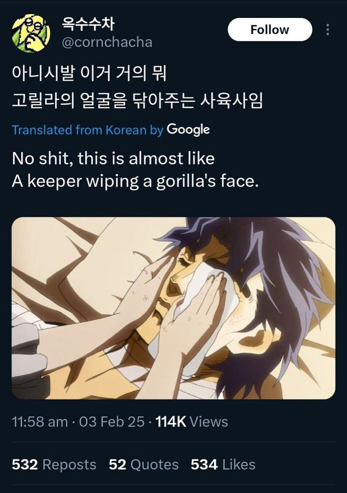 600 옥수수차 @cornchacha 아니시발 이거 거의 뭐 Follow 고릴라의 얼굴을 닦아주는 사육사임 Translated from Korean by Google No s---, this is almost like A keeper wiping a gorilla's face. 11:58 am.03 Feb 25.114K Views 532 Reposts 52 Quotes 534 Likes