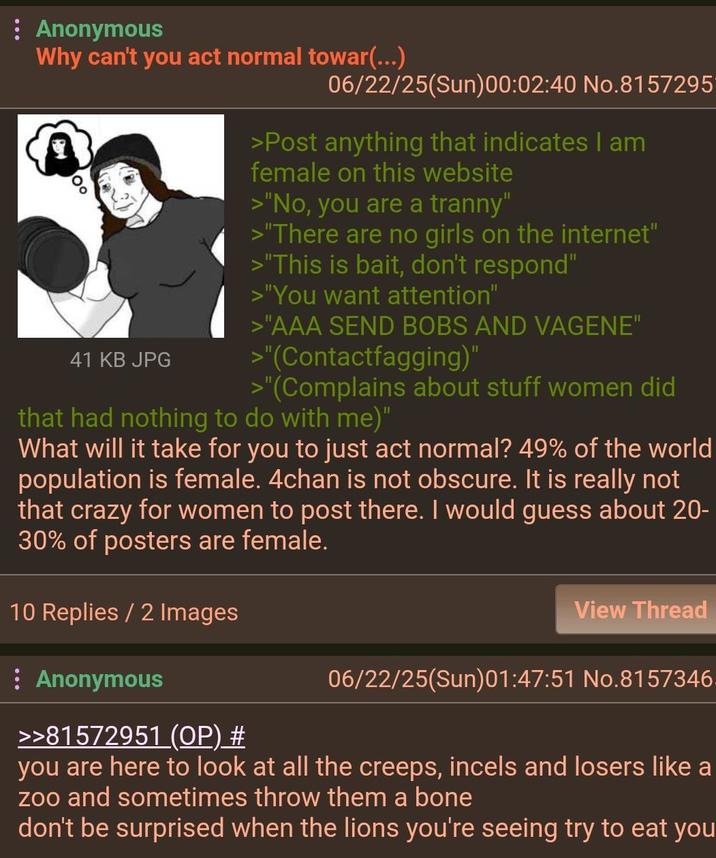 Anonymous Why can't you act normal towar(...) 53 41 KB JPG 06/22/25(Sun)00:02:40 No.8157295 >Post anything that indicates I am female on this website >"No, you are a t-----" >"There are no girls on the internet" >"This is bait, don't respond" >"You want attention" >"AAA SEND BOBS AND VAGENE" >"(Contactfagging)" >"(Complains about stuff women did that had nothing to do with me)" What will it take for you to just act normal? 49% of the world population is female. 4chan is not obscure. It is really not that crazy for women to post there. I would guess about 20- 30% of posters are female. 10 Replies / 2 Images Anonymous >>81572951 (OP) # View Thread 06/22/25(Sun)01:47:51 No.8157346 you are here to look at all the creeps, incels and losers like a zoo and sometimes throw them a bone don't be surprised when the lions you're seeing try to eat you