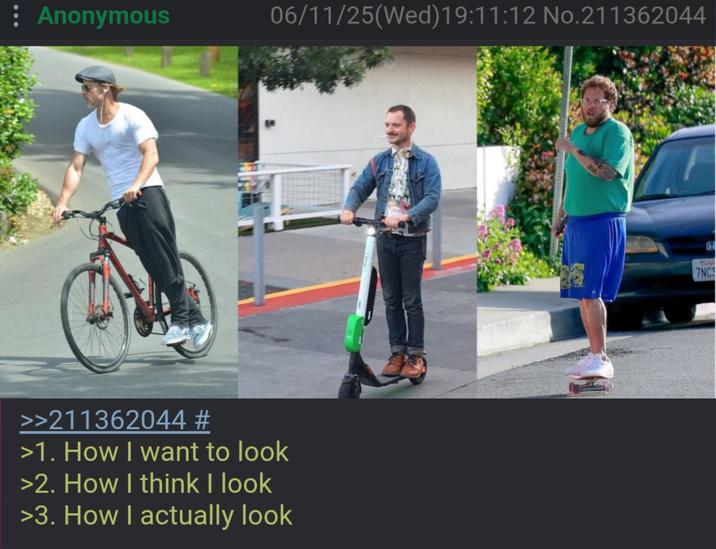 Anonymous 06/11/25(Wed)19:11:12 No.211362044 >>211362044 # >1. How I want to look >2. How I think I look >3. How I actually look Lime H 7NCS