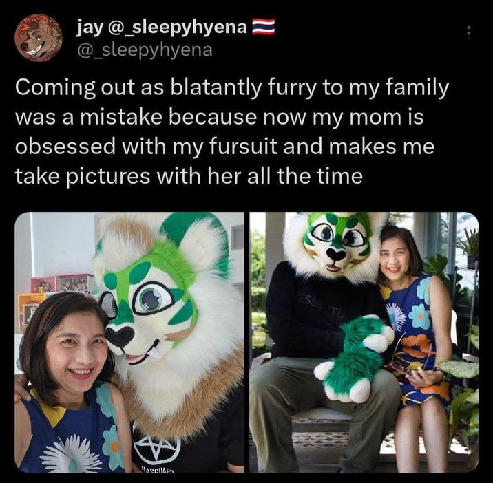 jay @_sleepyhyena @_sleepyhyena Coming out as blatantly furry to my family was a mistake because now my mom is obsessed with my fursuit and makes me take pictures with her all the time HASCHARD ES54 TL