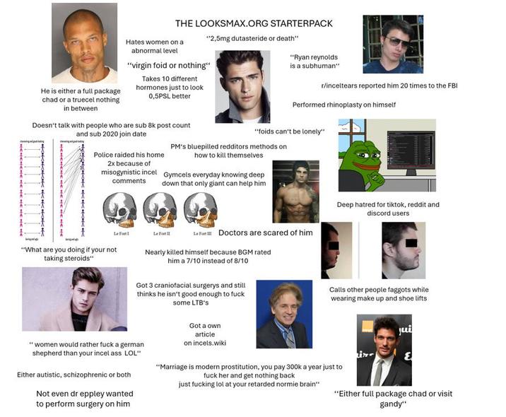 He is either a full package chad or a truecel nothing in between THE LOOKSMAX.ORG STARTERPACK Hates women on a abnormal level "2,5mg dutasteride or death" "virgin foid or nothing" Takes 10 different hormones just to look 0,5PSL better Doesn't talk with people who are sub 8k post count and sub 2020 join date "Ryan reynolds is a subhuman" r/inceltears reported him 20 times to the FBI Performed rhinoplasty on himself "foids can't be lonely" PM's bluepilled redditors methods on Police raided his home h---------- themselves 2x because of misogynistic incel Gymcels everyday knowing deep down that only giant can help him comments Le Fort I Le Fort I Le Fort Doctors are scared of him "What are you doing if your not taking steroids" Nearly killed himself because BGM rated him a 7/10 instead of 8/10 Got 3 craniofacial surgerys and still thinks he isn't good enough to f--- some LTB's Deep hatred for tiktok, reddit and discord users Calls other people f------ while wearing make up and shoe lifts "women would rather f--- a german shepherd than your incel ass LOL" Either autistic, schizophrenic or both Not even dr eppley wanted to perform surgery on him Got a own article on incels.wiki "Marriage is modern prostitution, you pay 300k a year just to f--- her and get nothing back just f------ lol at your retarded normie brain" jui દ "Either full package chad or visit gandy"