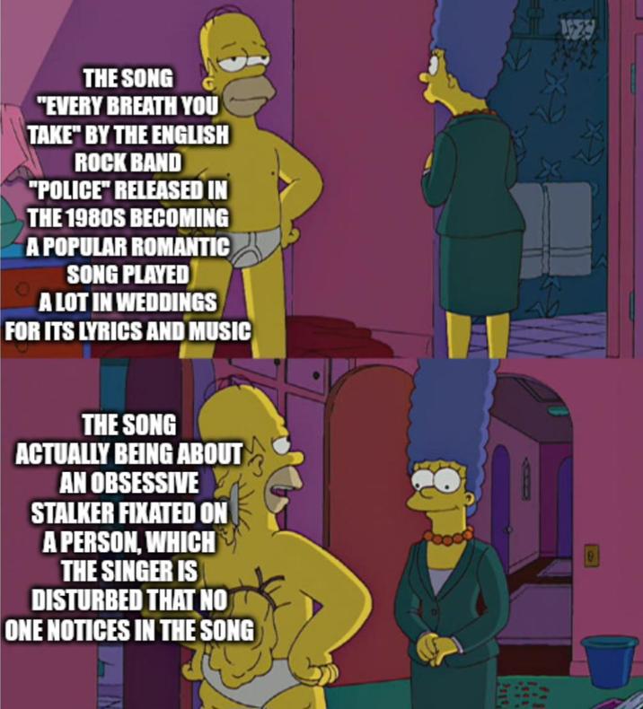 THE SONG "EVERY BREATH YOU TAKE" BY THE ENGLISH ROCK BAND "POLICE" RELEASED IN THE 1980S BECOMING A POPULAR ROMANTIC SONG PLAYED A LOT IN WEDDINGS FOR ITS LYRICS AND MUSIC THE SONG ACTUALLY BEING ABOUT AN OBSESSIVE STALKER FIXATED ON A PERSON, WHICH THE SINGER IS DISTURBED THAT NO ONE NOTICES IN THE SONG 15-23 438