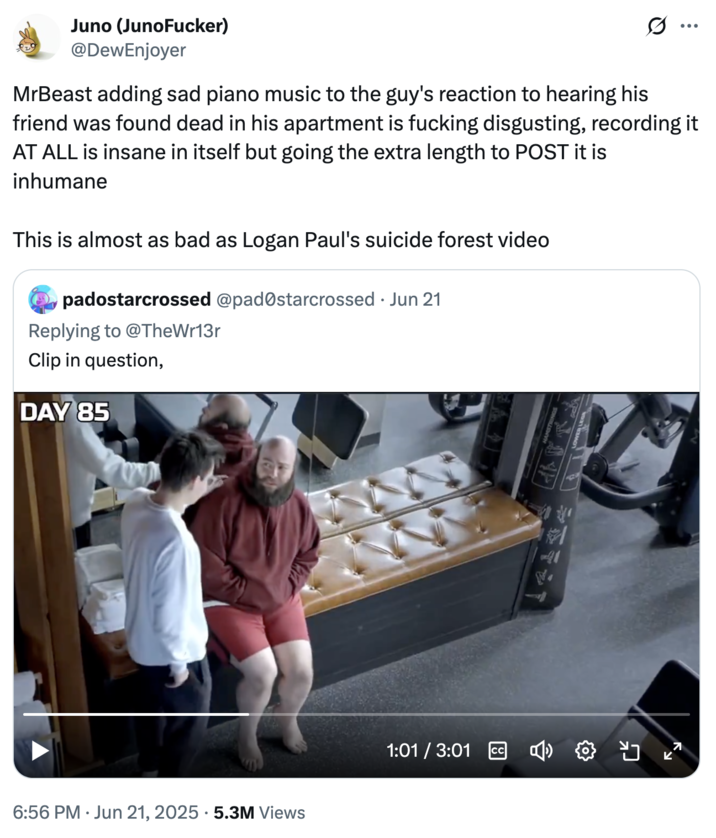 MrBeast adding sad piano music to the guy's reaction to hearing his friend was found dead in his apartment is f------ disgust A "quote-tweet":https://knowyourmeme.com/memes/quote-retweets-qrts about "MrBeast":https://knowyourmeme.com/memes/people/mrbeast including Majd's reaction to Coach Wall's death in the video, expressing outrage.