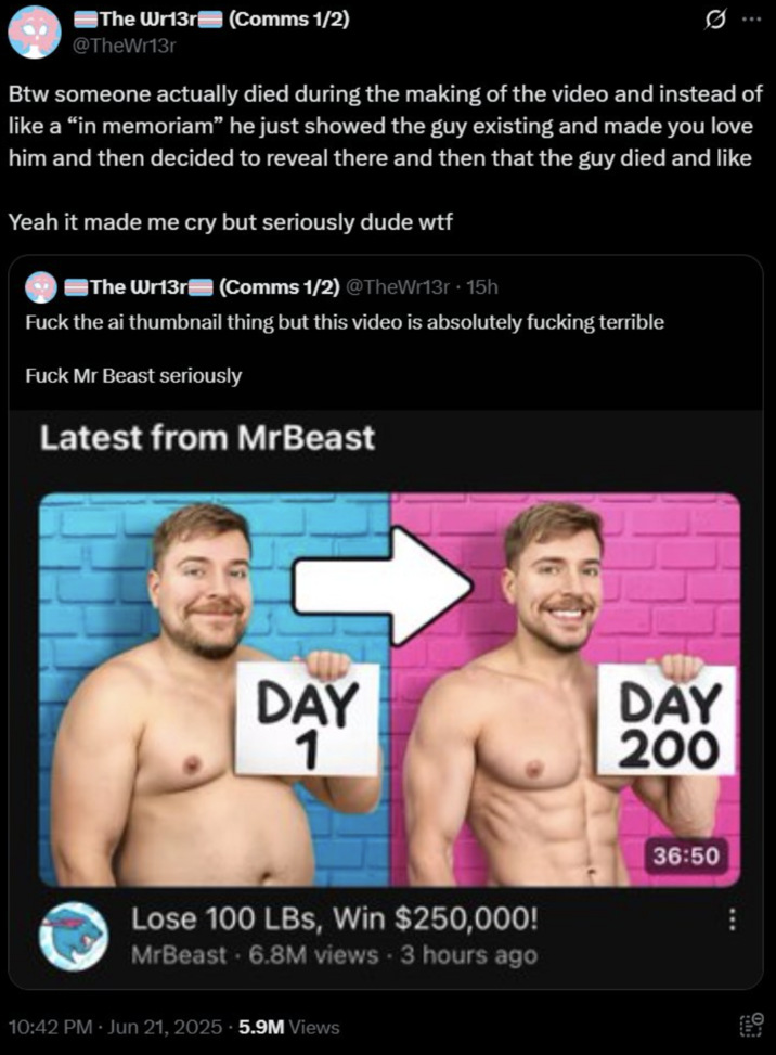 Btw someone actually died during the making of the video A "since-deleted tweet":https://x.com/thewr13r/status/1936509942074335614 sparking backlash at "MrBeast":https://knowyourmeme.com/memes/people/mrbeast concerning his video that featured the Death of Coach Wall.