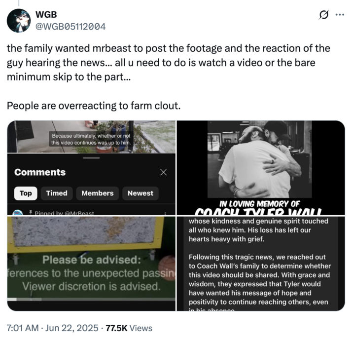 People are overreacting to farm clout. A "tweet":https://knowyourmeme.com/memes/sites/twitter-x stating that people were overreacting to the "MrBeast":https://knowyourmeme.com/memes/people/mrbeast video to "farm "clout":https://knowyourmeme.com/memes/clout," using the video's description as a piece of evidence that Coach Wall's family approved the video's upload.
