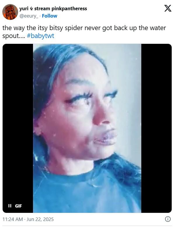 yuri stream pinkpantheress @eeury. Follow the way the itsy bitsy spider never got back up the water spout.... #babytwt X II GIF 11:24 AM Jun 22, 2025