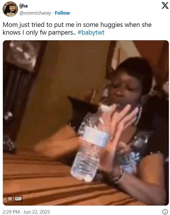 ijha @vonmicharay Follow Mom just tried to put me in some huggies when she knows I only fw pampers.. #babytwt II GIF 2:29 PM Jun 22, 2025 X