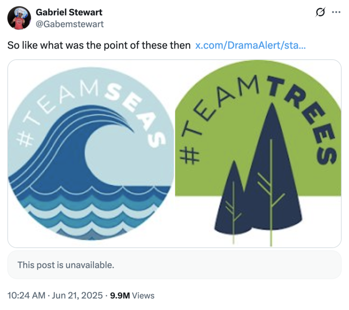 June 21st, 2025 tweet by @Gabemstewart X user @Gabemstewart tweeted about Team Trees and Team Seas, two large-scale fundraising campaigns spearheaded by YouTubers MrBeast and Mark Rober, which aimed to plant 20 million trees and remove 30 million pounds of trash from oceans, rivers, and beaches. The tweet read, "So like what was the point of these then," gathering over 200,000 likes in two days.