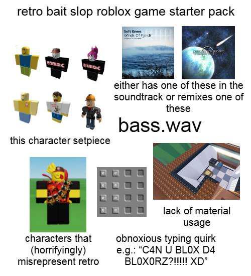 Retroslop Roblox Starter Pack A starter pack meme about Roblox. The meme criticizes retroslop players.