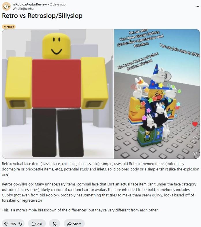 Retro vs Retroslop/Sillyslop A Reddit post explaining the differences between true retro Roblox avatars and retroslop avatars. The post is by Redditor u/Whatinthewhar.