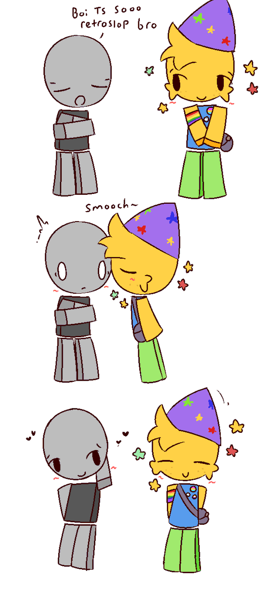 A comic about a Roblox player getting a kiss from a retroslop avatar. The comoic is by X user @regular4256.