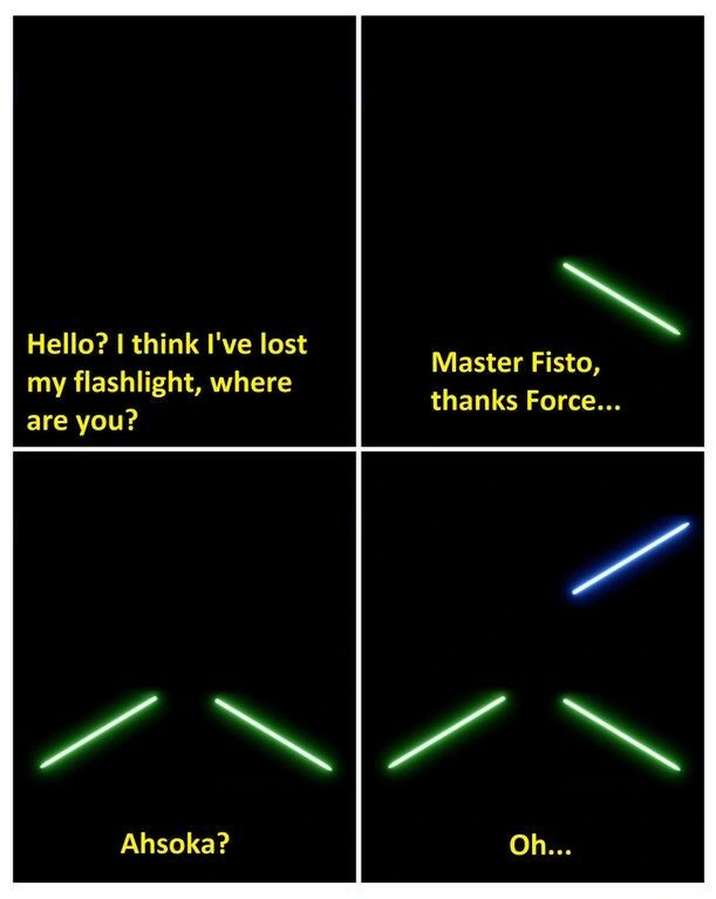 Hello? I think I've lost my flashlight, where are you? Master Fisto, thanks Force... Ahsoka? Oh...