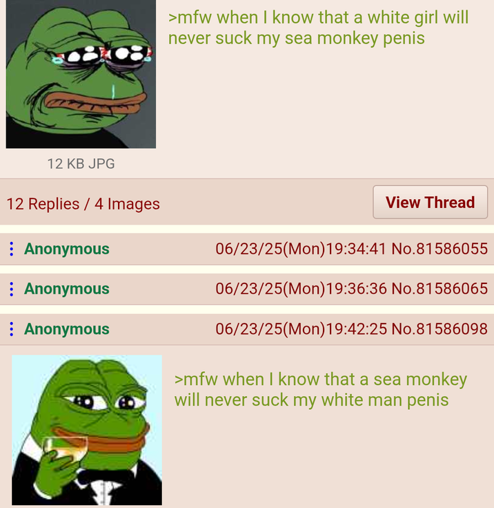 12 KB JPG >mfw when I know that a white girl will never suck my sea monkey penis 12 Replies / 4 Images Anonymous Anonymous Anonymous View Thread 06/23/25(Mon) 19:34:41 No.81586055 06/23/25(Mon)19:36:36 No.81586065 06/23/25(Mon) 19:42:25 No.81586098 >mfw when I know that a sea monkey will never suck my white man penis