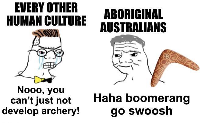 EVERY OTHER HUMAN CULTURE ABORIGINAL AUSTRALIANS Nooo, you can't just not develop archery! Haha boomerang go swoosh