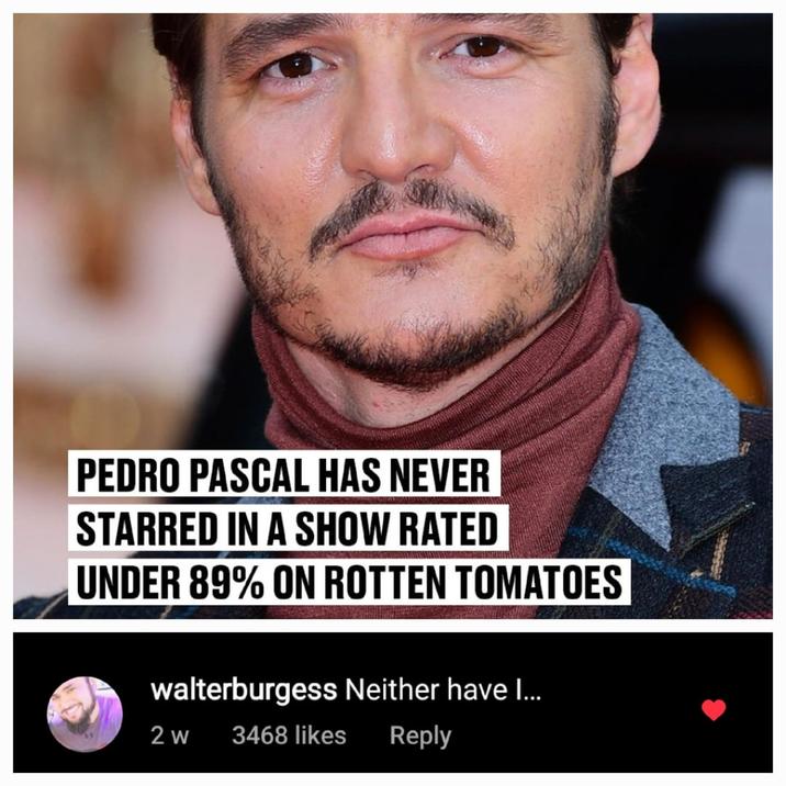 PEDRO PASCAL HAS NEVER STARRED IN A SHOW RATED UNDER 89% ON ROTTEN TOMATOES walterburgess Neither have I... 2 w 3468 likes Reply