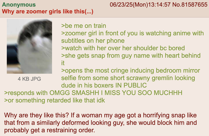 Anonymous Why are zoomer girls like this(...) 4 KB JPG >be me on train 06/23/25(Mon)13:14:57 No.81587655 >zoomer girl in front of you is watching anime with subtitles on her phone >watch with her over her shoulder bc bored >she gets snap from guy name with heart behind it >opens the most cringe inducing bedroom mirror selfie from some short scrawny gremlin looking dude in his boxers IN PUBLIC >responds with OMGG SMASHH I MISS YOU SOO MUCHHH >or something retarded like that idk Why are they like this? If a woman my age got a horrifying snap like that from a similarly deformed looking guy, she would block him and probably get a restraining order.