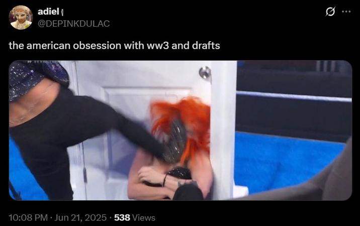adiel @DEPINKDULAC the american obsession with ww3 and drafts 10:08 PM - Jun 21, 2025 538 Views 0