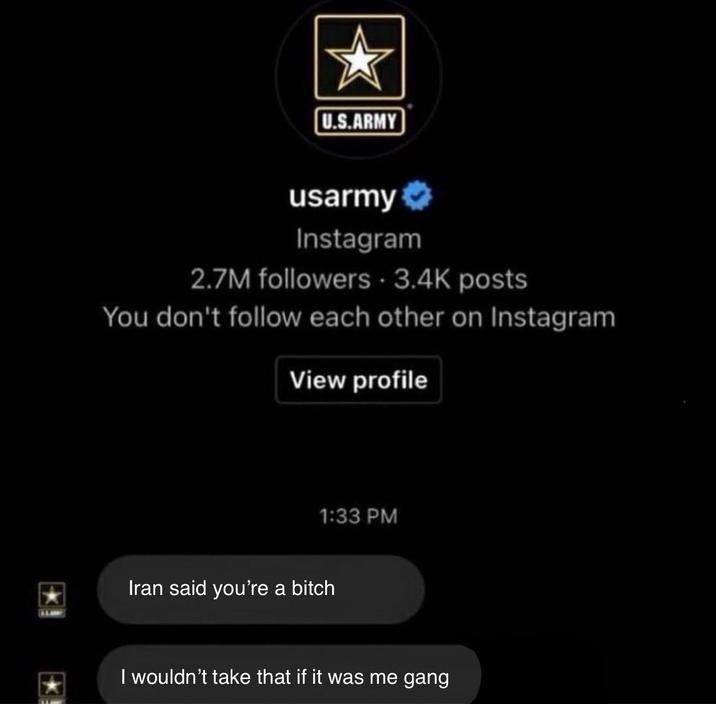 U.S.ARMY usarmy Instagram 2.7M followers • 3.4K posts You don't follow each other on Instagram View profile 1:33 PM Iran said you're a bitch I wouldn't take that if it was me gang